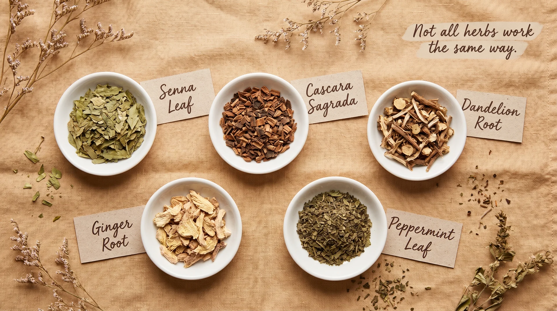 Five common detox tea herbs in labeled ceramic dishes: senna leaf, cascara sagrada, dandelion root, ginger root, and peppermint leaf.