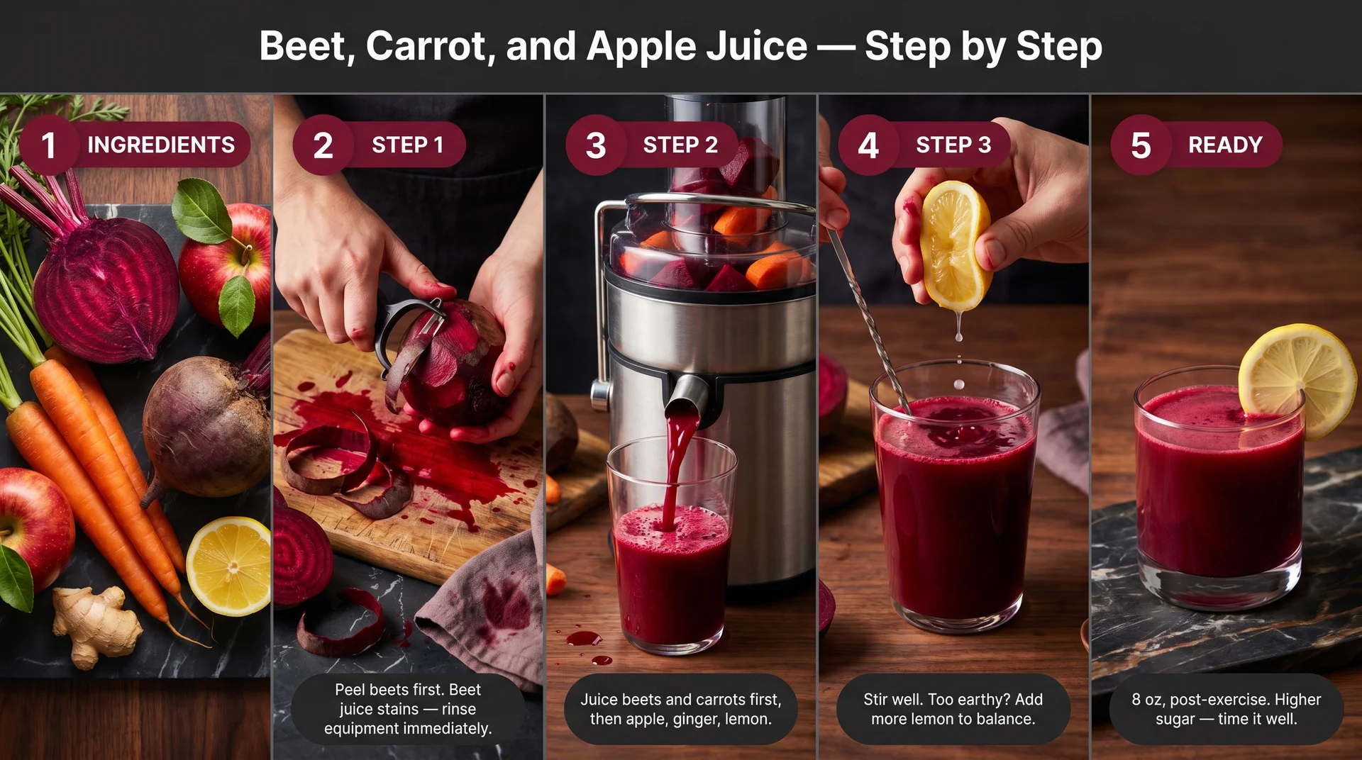 Five-panel step-by-step guide to making beet carrot apple juice showing peeling beets, juicing, balancing with lemon, and the finished deep red glass
