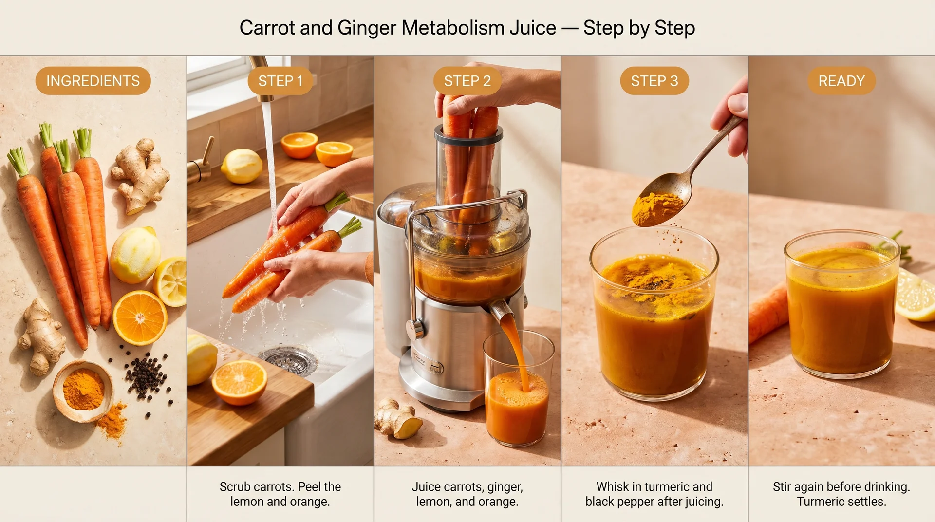 Five-panel step-by-step guide to making carrot ginger metabolism juice showing ingredients, scrubbing, juicing, adding turmeric, and finished glass 