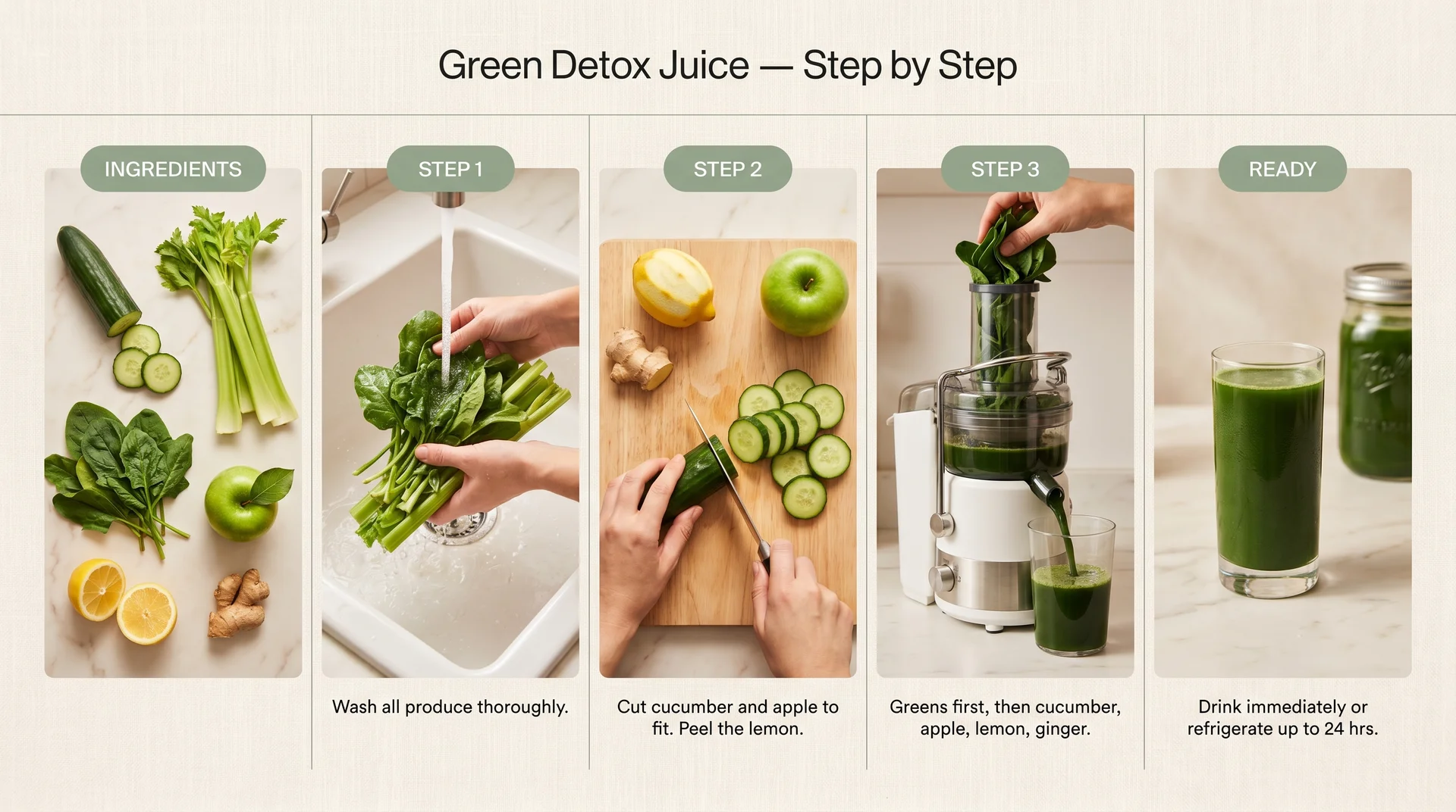 Five-panel step-by-step guide to making green detox juice showing ingredients, washing, cutting, juicing, and finished glass 