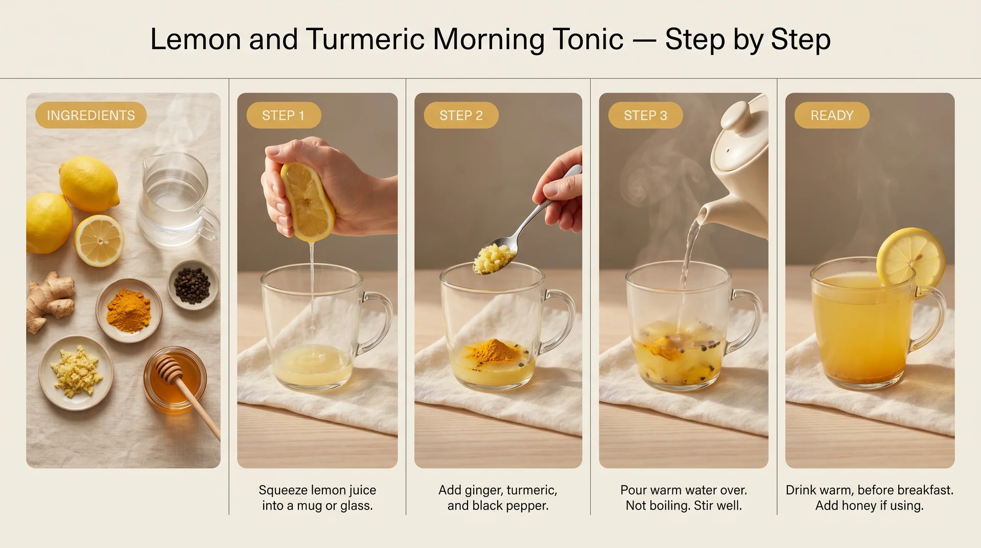 Five-panel step-by-step guide to making lemon turmeric morning tonic showing squeezing lemon, adding spices, pouring warm water, and the finished golden drink