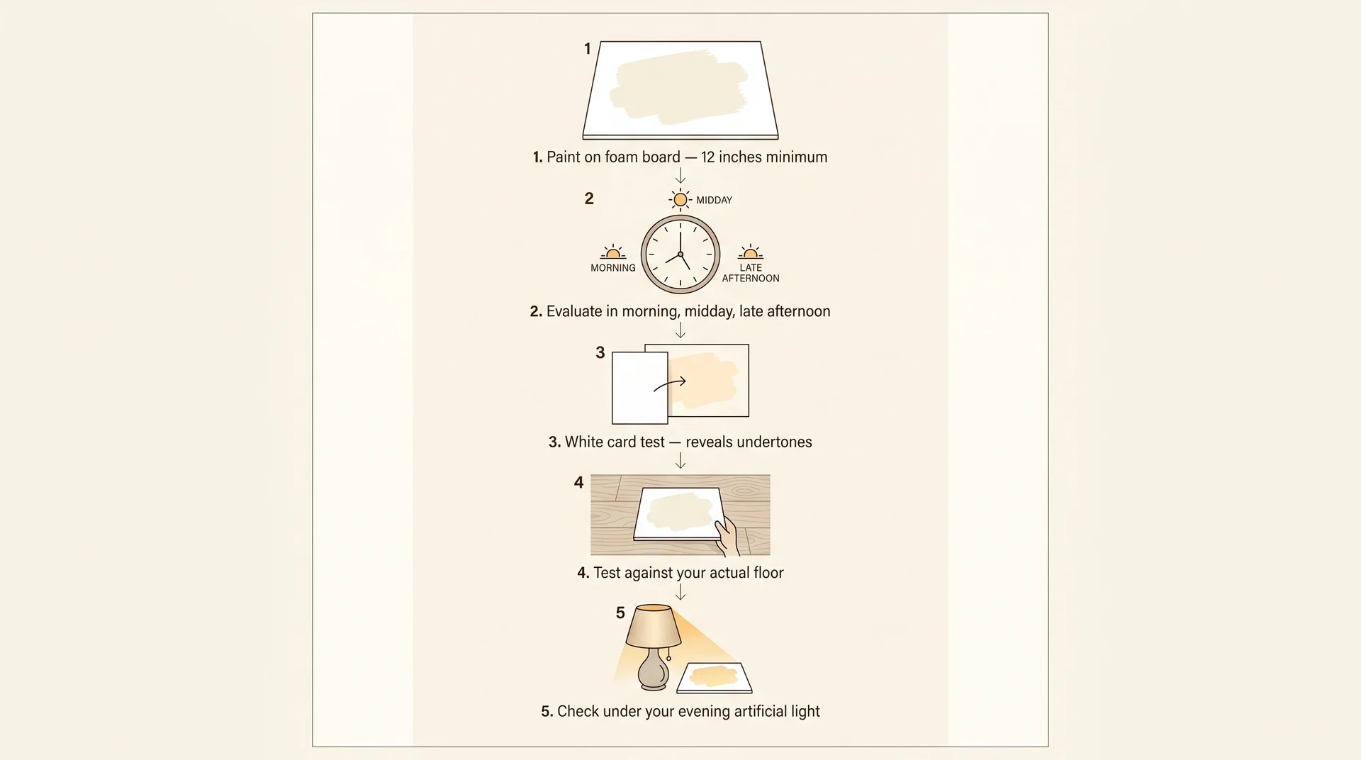 Five-step diagram for testing a taupe paint sample at home showing foam board, lighting, floor, and white card tests
