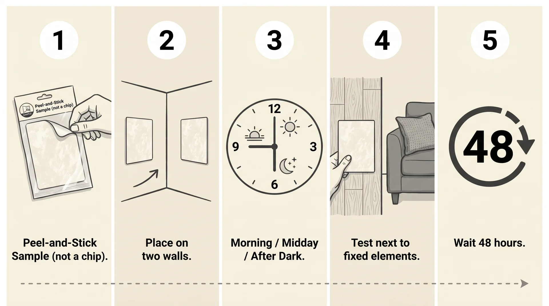 Five-step diagram showing how to correctly test Peppercorn paint before committing to a full room