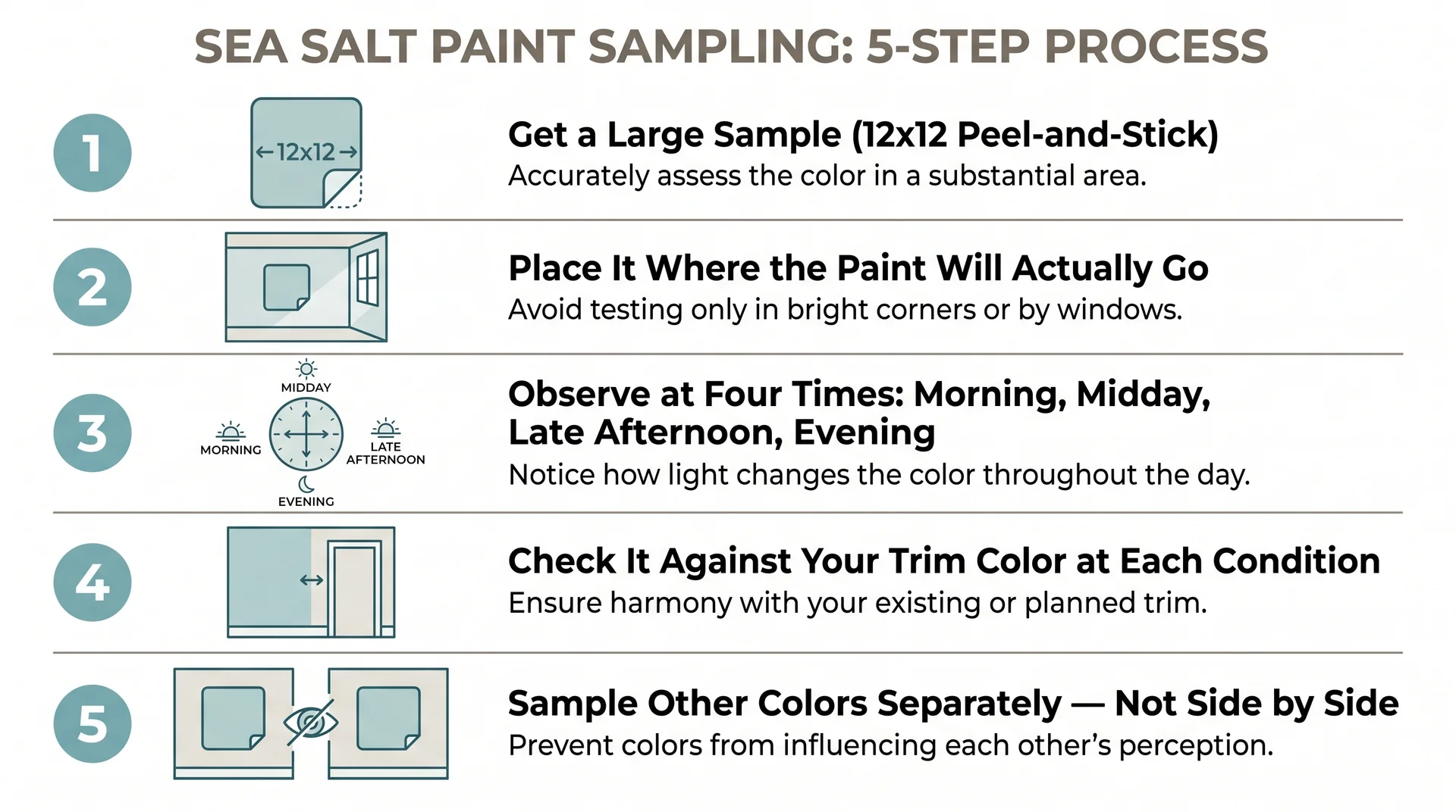 Five-step diagram showing how to sample sea salt paint color correctly across multiple lighting conditions 