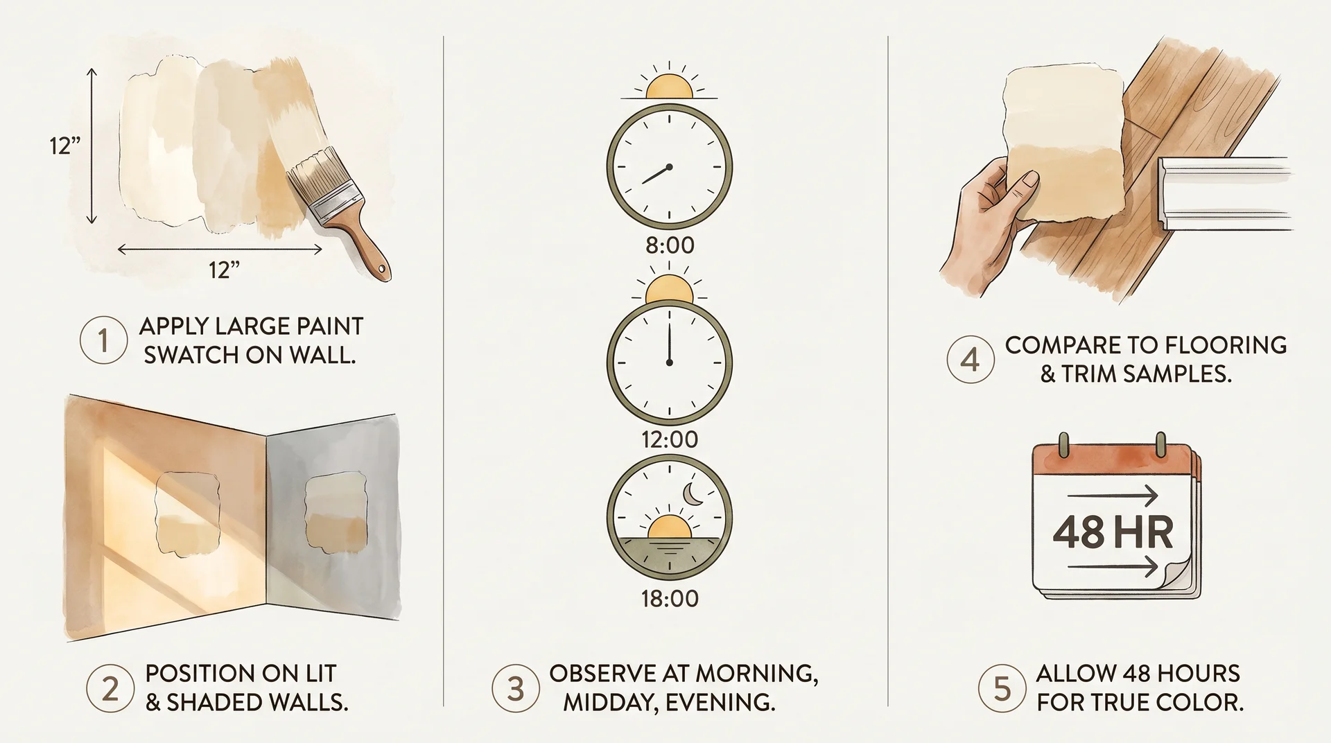 Five-step process diagram for correctly sampling and testing Benjamin Moore Pale Oak paint before committing to full room
