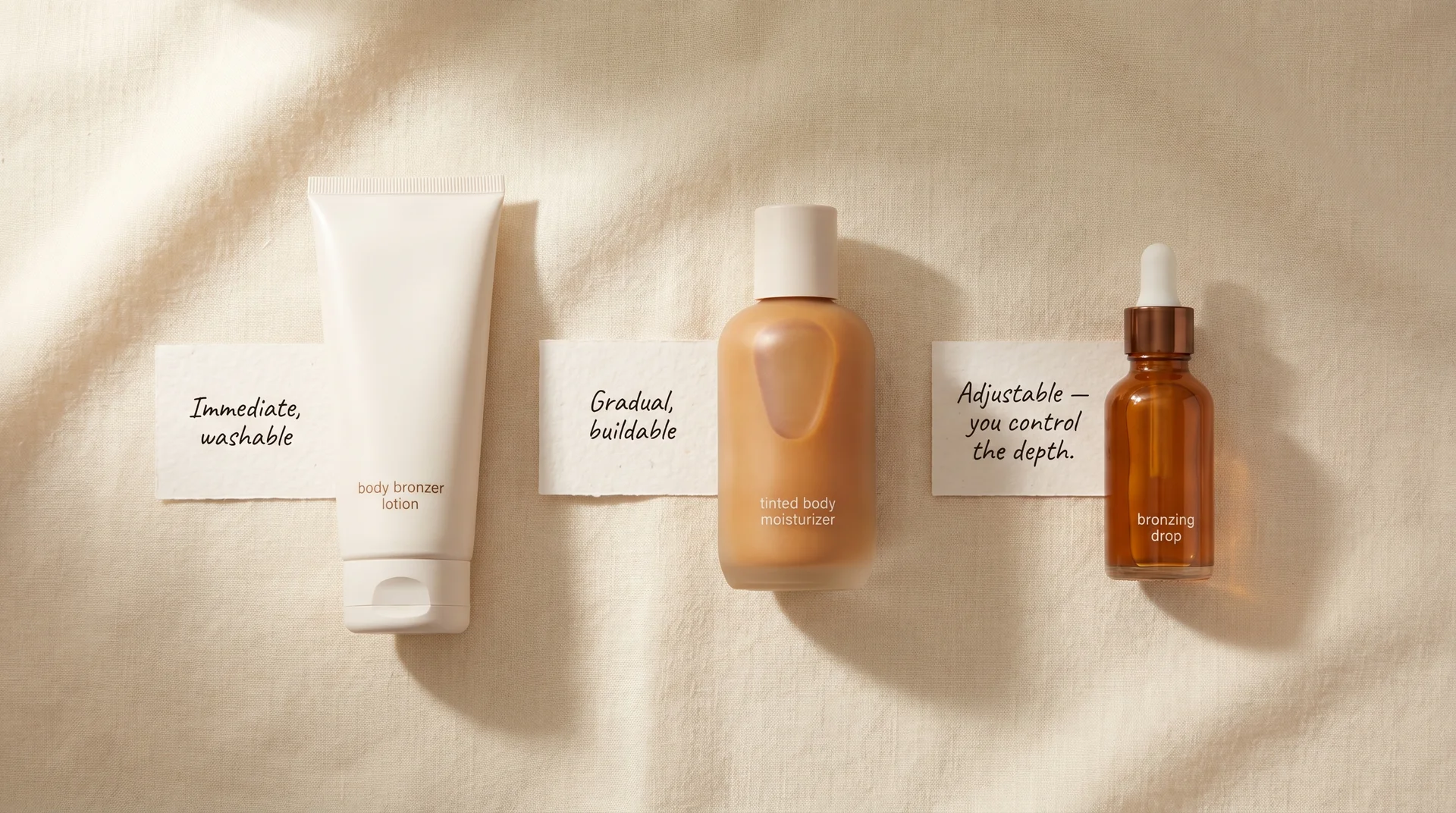Flat lay of body bronzer, tinted moisturizer, and bronzing drops as safe alternatives to baby oil and iodine tanning