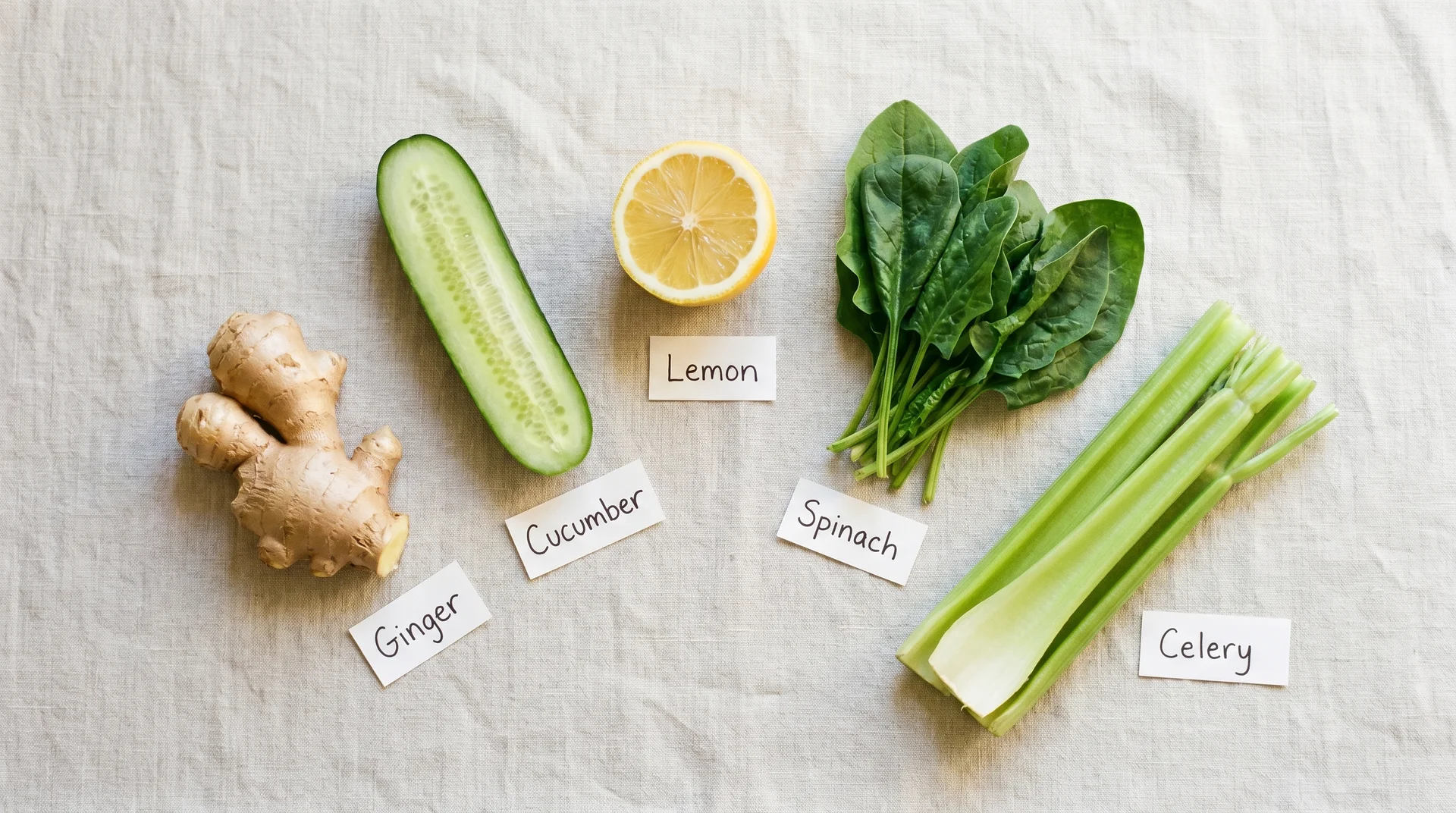 Flat-lay of five detox juice ingredients — ginger, cucumber, lemon, spinach, and celery — labeled on a linen surface