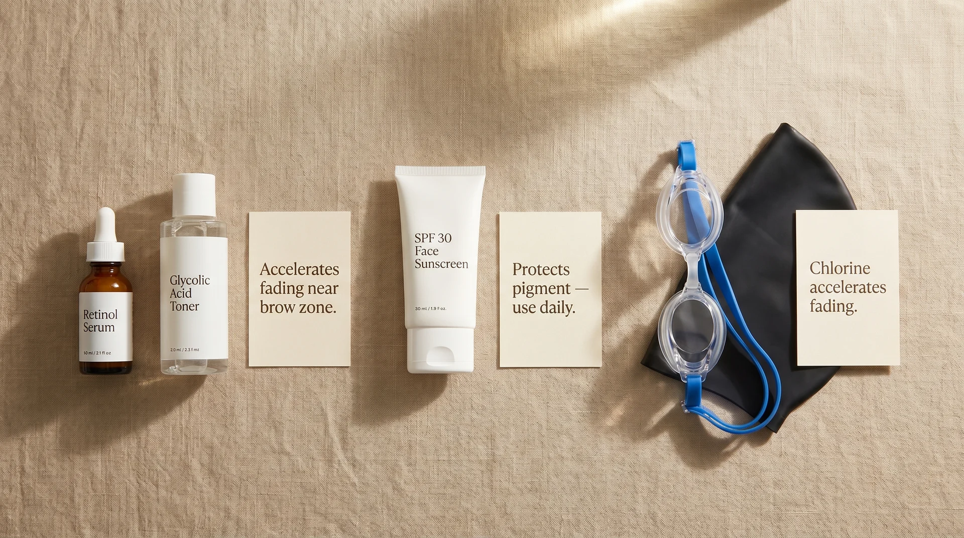 Flat-lay of skincare and lifestyle items that affect ombre powder brow longevity, including retinol, SPF, and chlorine exposure labeled