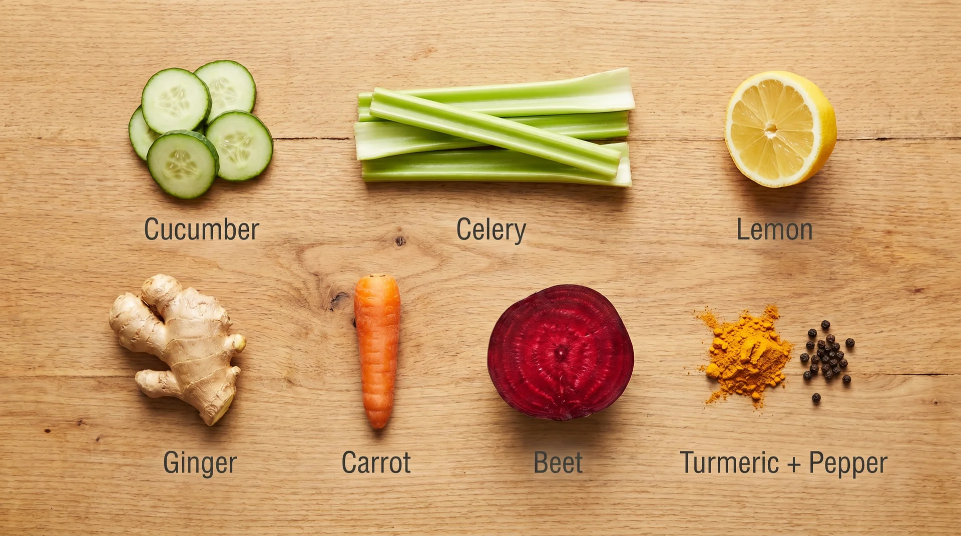 Flat-lay of weight loss juice ingredients including cucumber, celery, ginger, beet, carrot, lemon, turmeric, and black pepper with labels