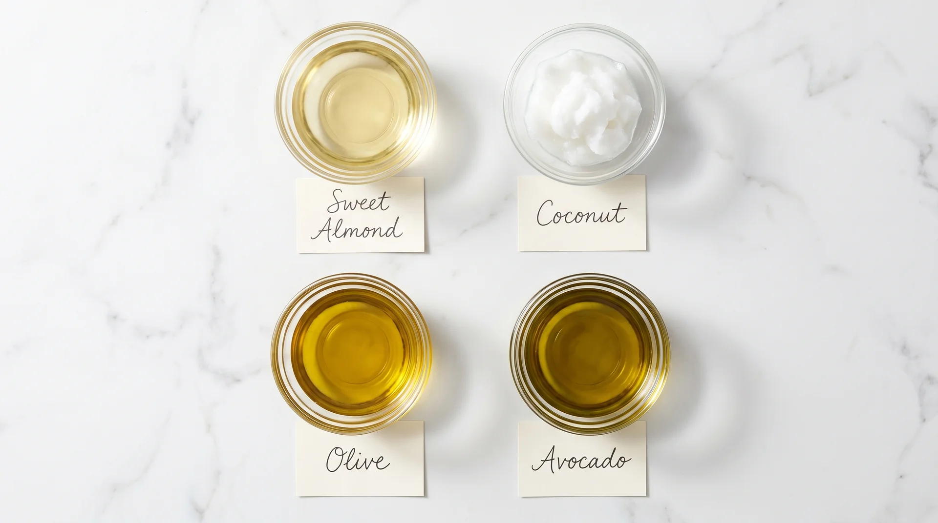 Four carrier oils for DIY tanning oil — sweet almond, coconut, olive, and avocado — in clear bowls on marble surface