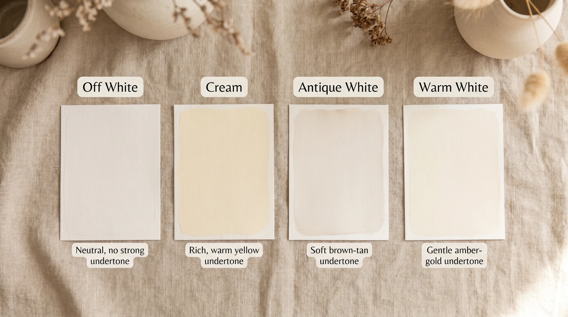 Four labeled paint swatches comparing off white, cream, antique white, and warm white showing undertone differences