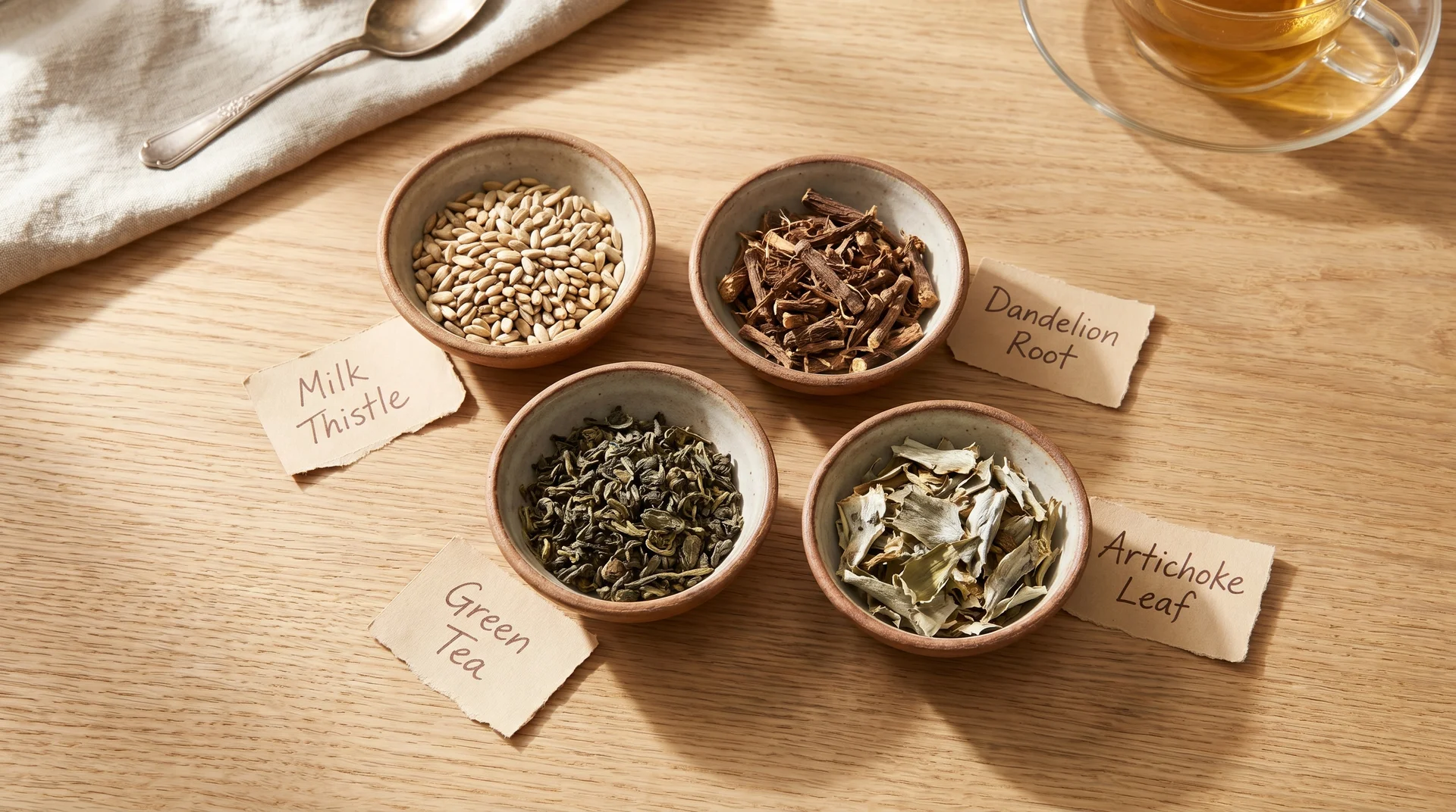 Four liver-supportive herbal teas — milk thistle, dandelion root, green tea, and artichoke leaf — in ceramic bowls on wood surface