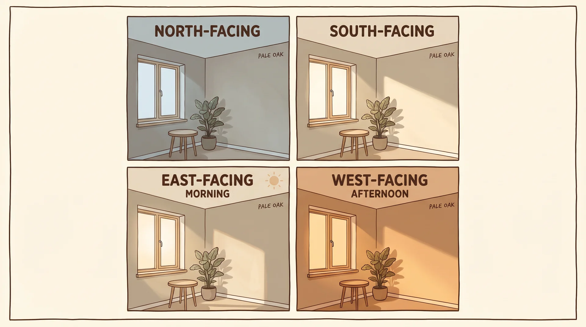 Four-panel diagram comparing how Pale Oak paint color looks in north south east and west facing rooms under natural light
