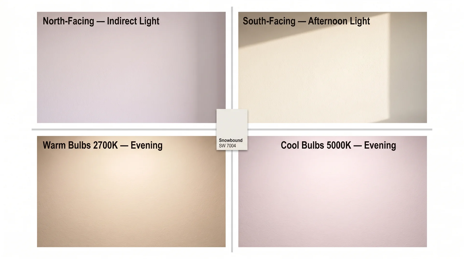Four-panel diagram showing how Snowbound SW 7004 changes color across north-facing, south-facing, warm-bulb, and cool-bulb lighting conditions