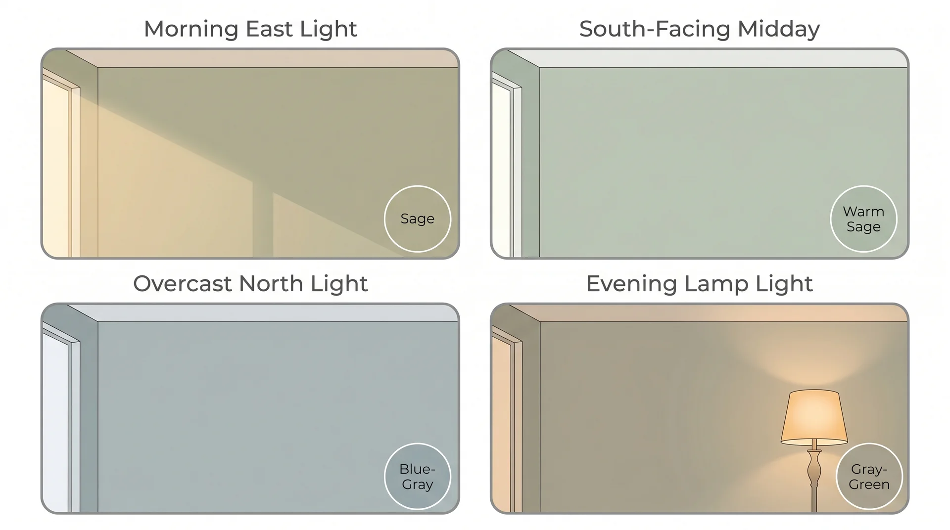 Four-panel diagram showing sea salt paint color shifting from sage to blue-gray across different lighting conditions 
