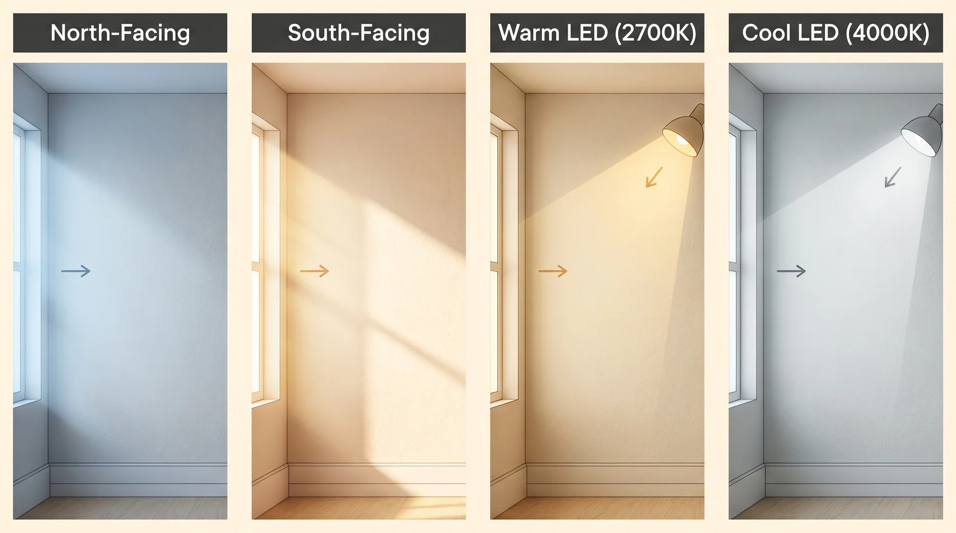 Four-panel diagram showing the same off white paint color shifting across north-facing, south-facing, warm LED, and cool LED lighting conditions