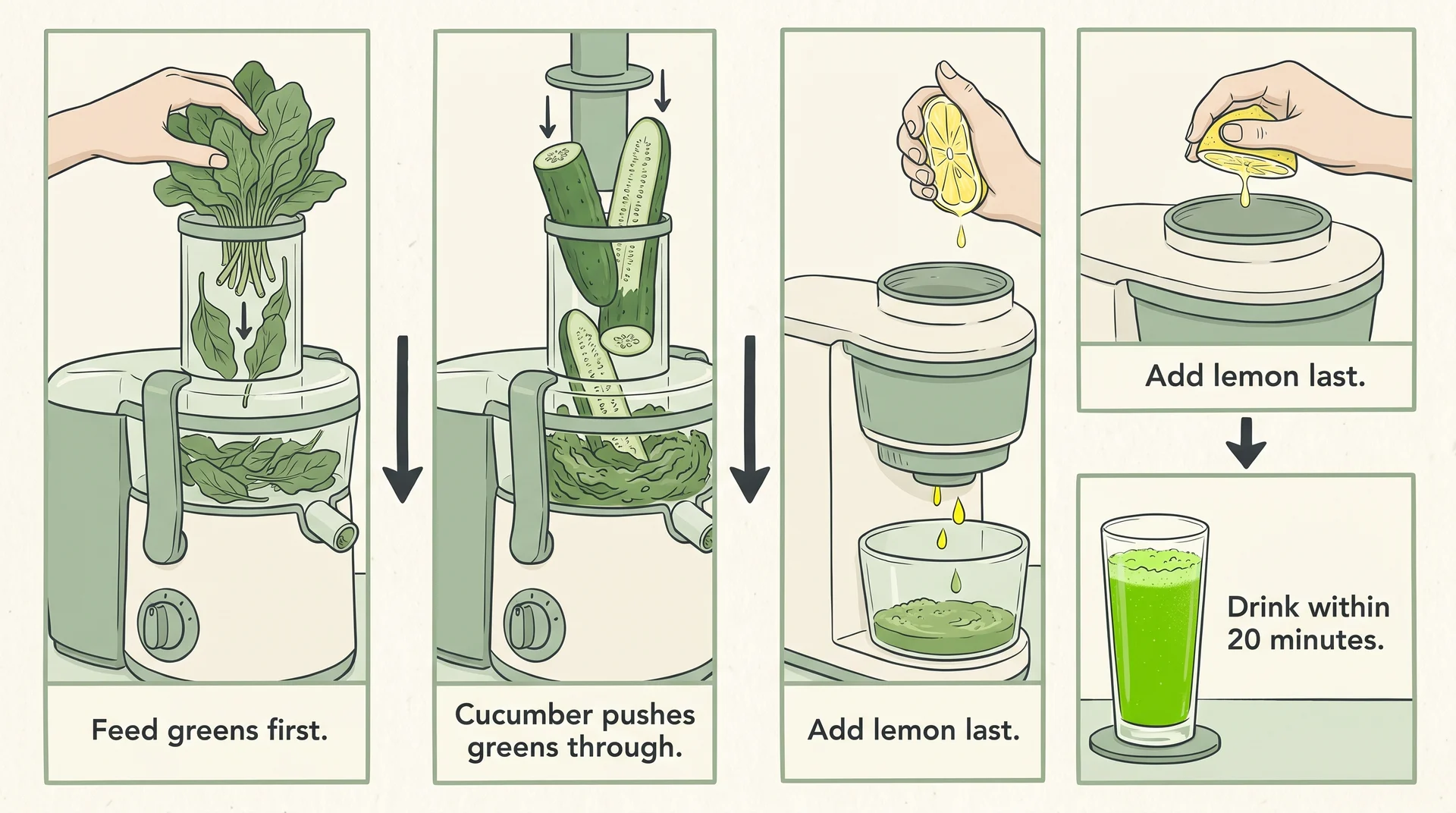 Four-step diagram showing how to make green flat stomach juice: feed spinach first, follow with cucumber, add lemon, drink within 20 minutes