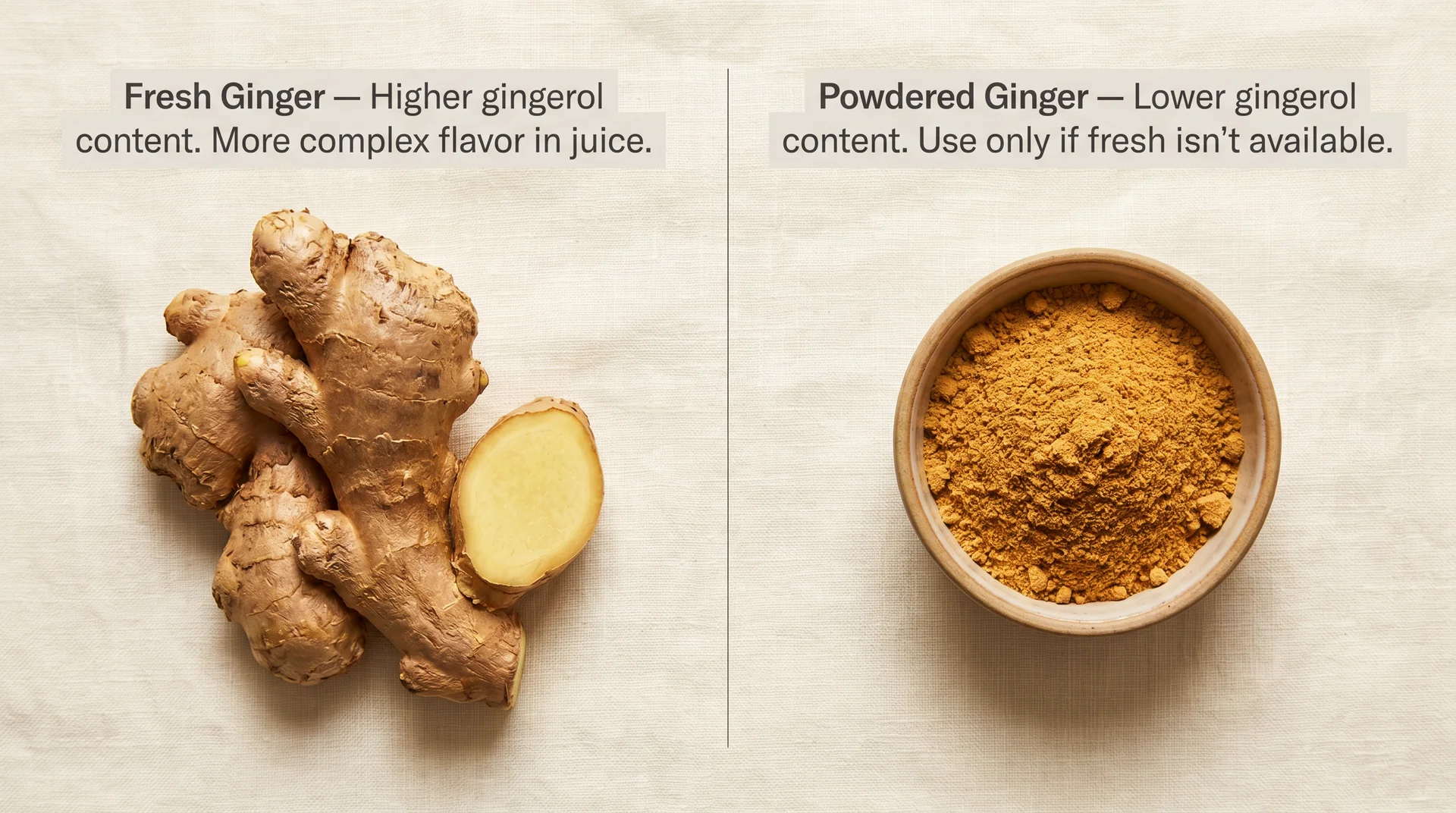 Fresh ginger root versus ground ginger powder comparison showing higher gingerol content in fresh for anti-inflammatory juicing
