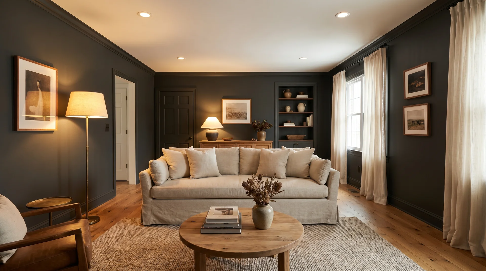 Full-room Iron Ore SW 7069 living room with linen sofa, warm oak floors, and brass floor lamp showing layered warm palette

