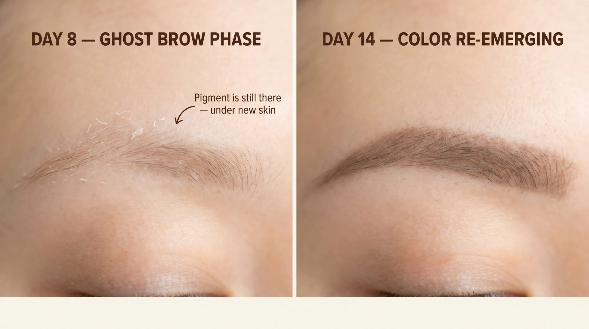 Ghost brow phase comparison showing near-invisible ombre brow color at day eight versus color re-emerging at day fourteen