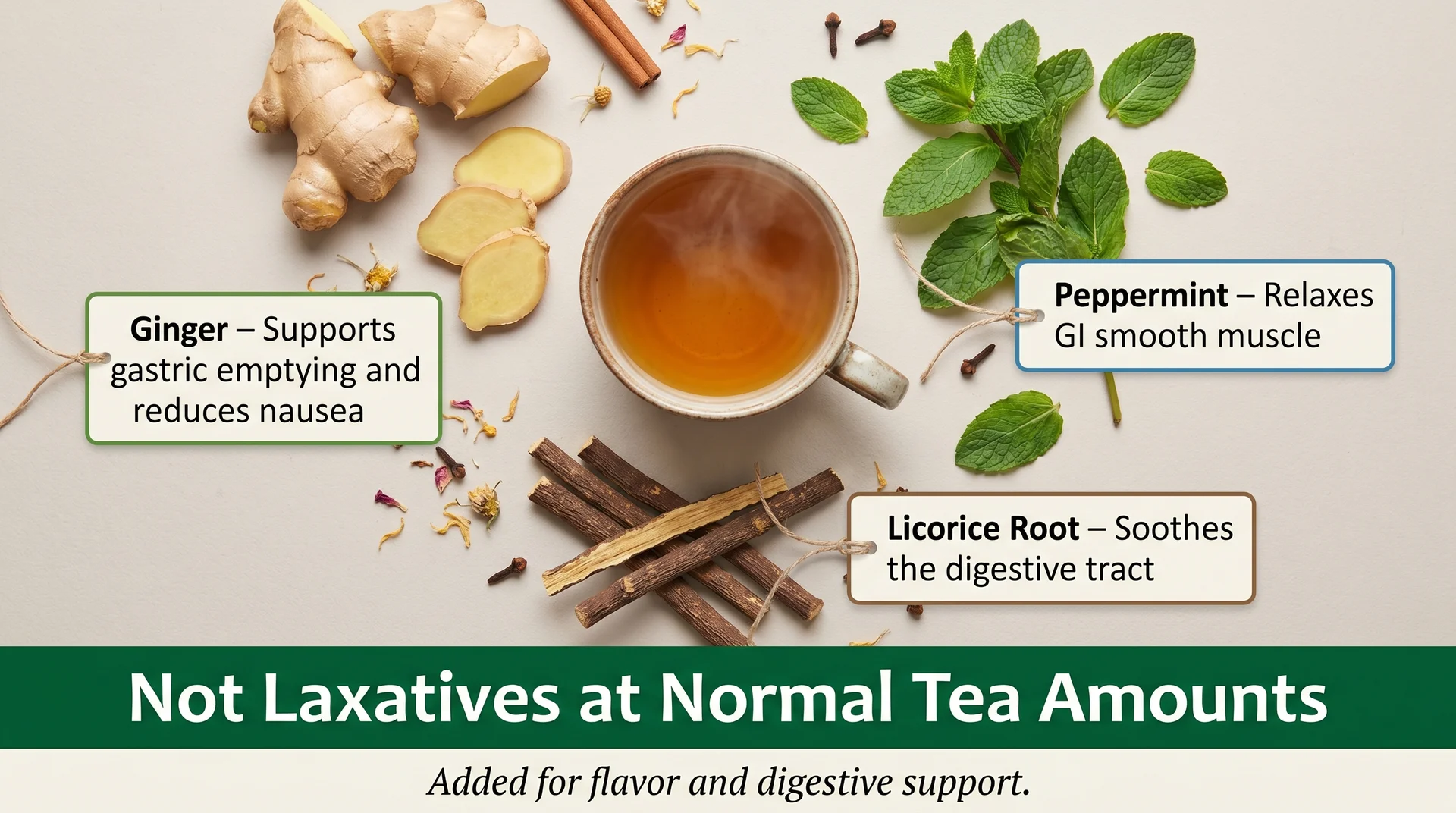 Ginger, peppermint, and licorice root in detox tea with digestive support benefits but no laxative effect.