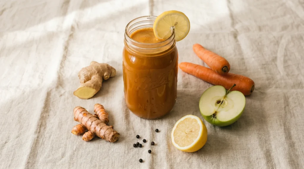 Glass jar of anti-inflammatory turmeric carrot ginger juice surrounded by fresh ingredients on cream linen in morning light