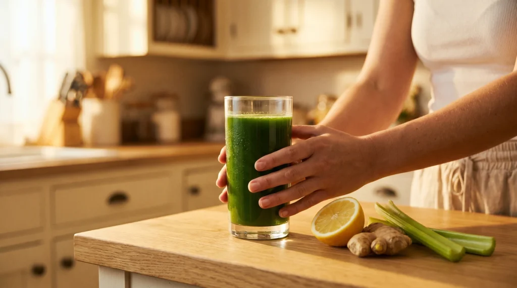 Glass of green weight loss juice with lemon, ginger, and celery on a warm kitchen counter in morning light