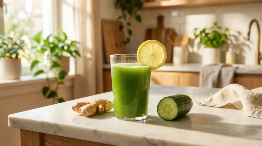 Green flat stomach detox juice in a glass on a marble countertop with fresh ginger and cucumber beside it