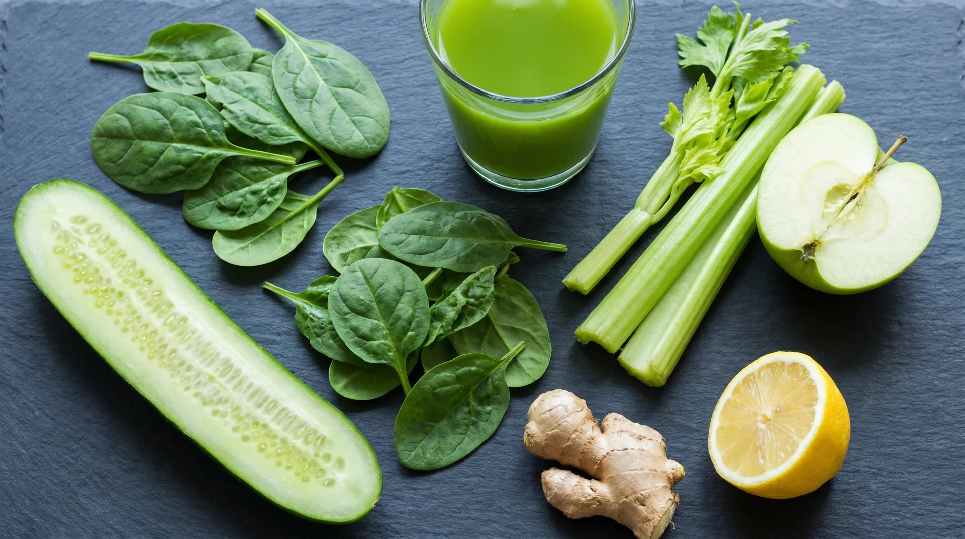 Green foundation anti-inflammatory juice ingredients including cucumber, spinach, celery, ginger and green apple on slate surface