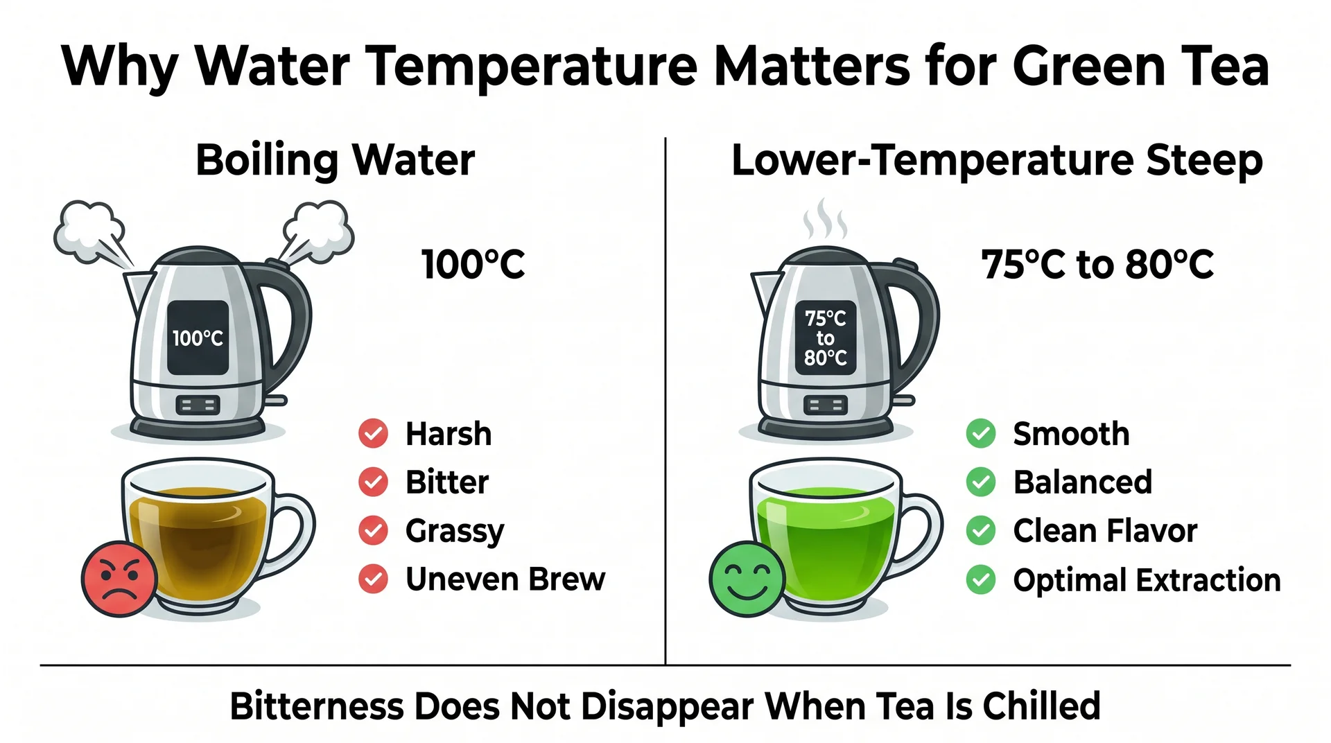 Green tea temperature comparison showing boiling water causes bitterness while 75 to 80°C creates smoother flavor.
