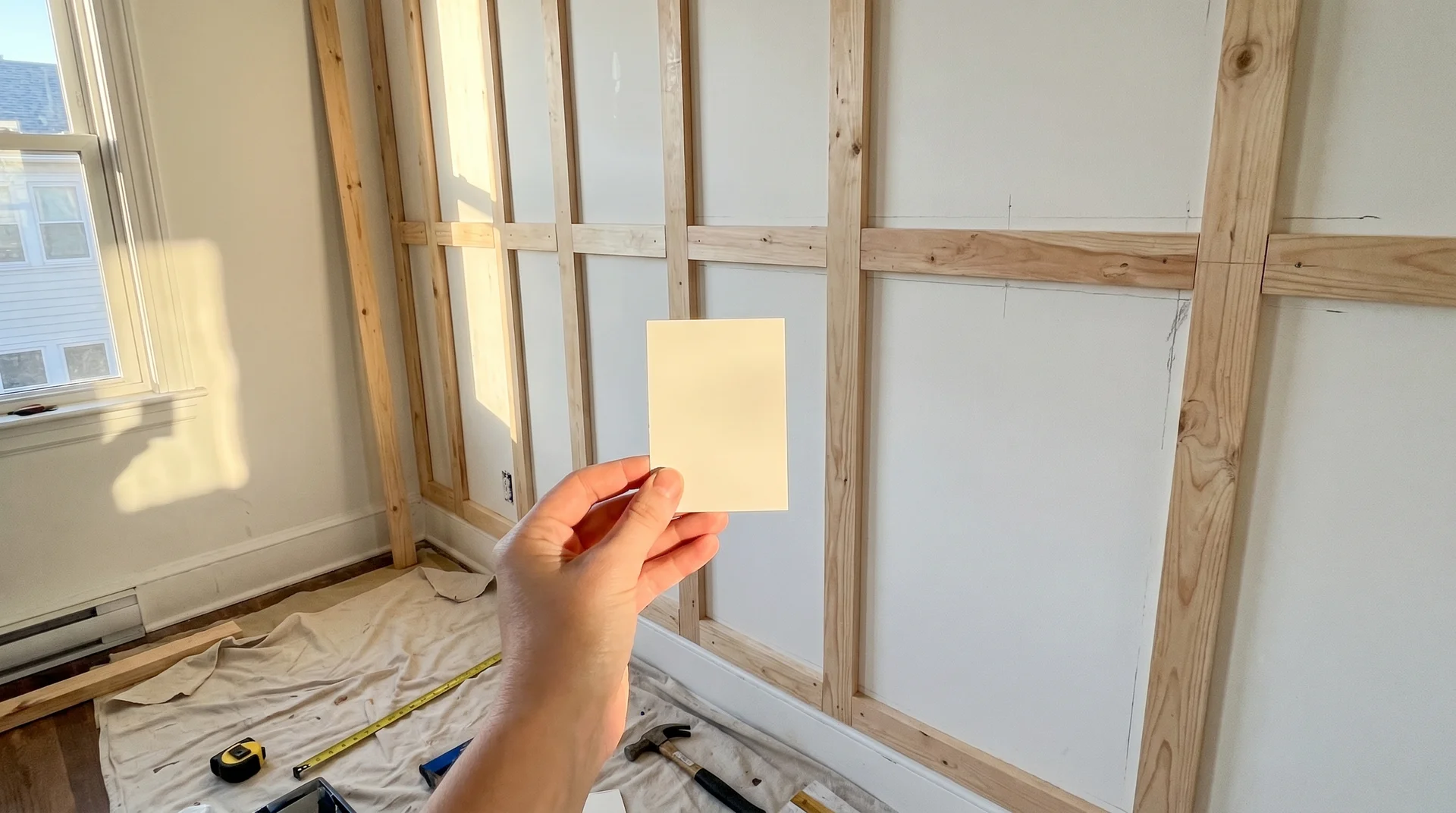 Hand holding a paint chip against a board and batten wall in progress, showing a real design decision moment