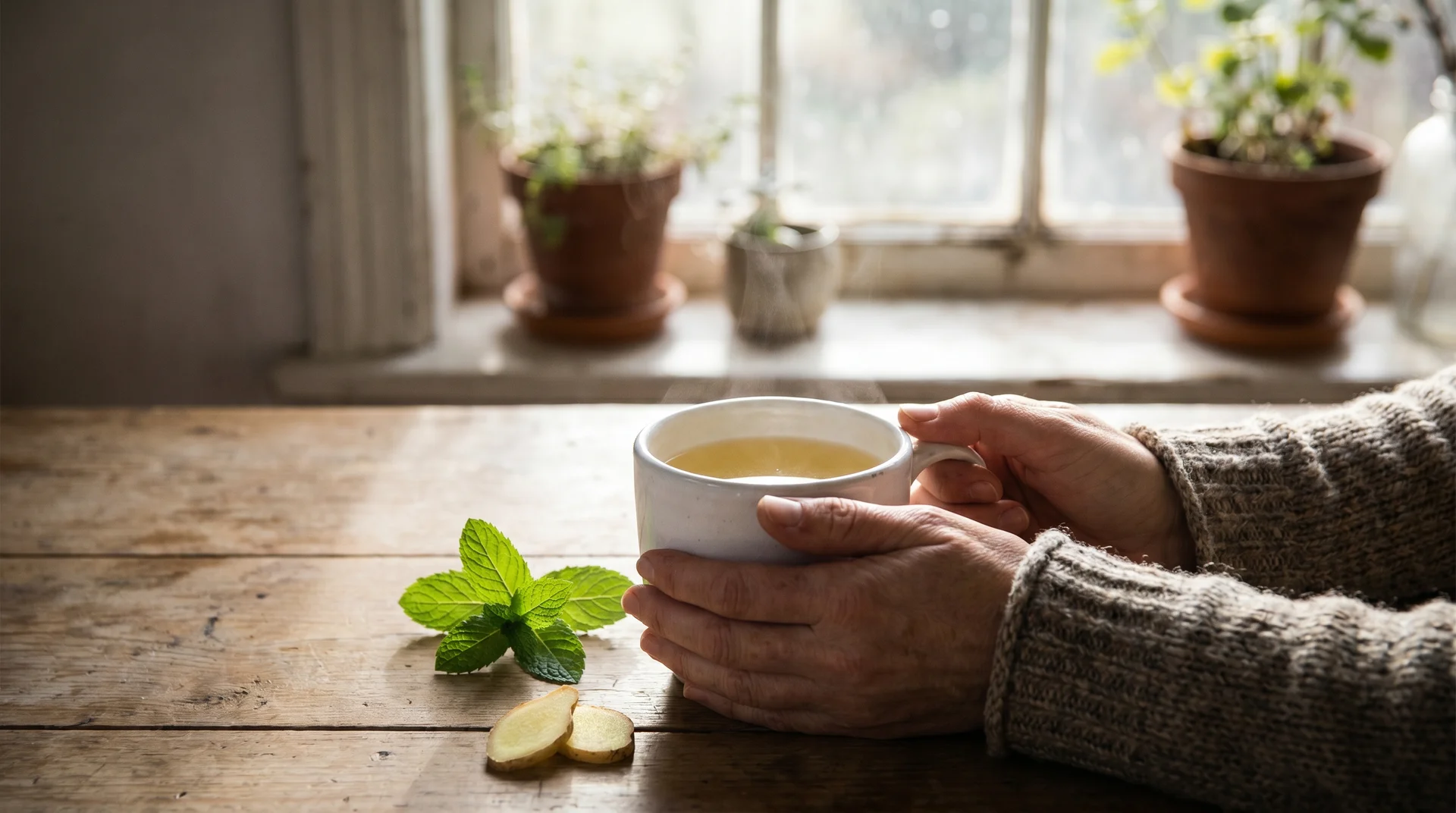 Hands holding a mug of herbal tea beside fresh peppermint and ginger root on a wooden table
