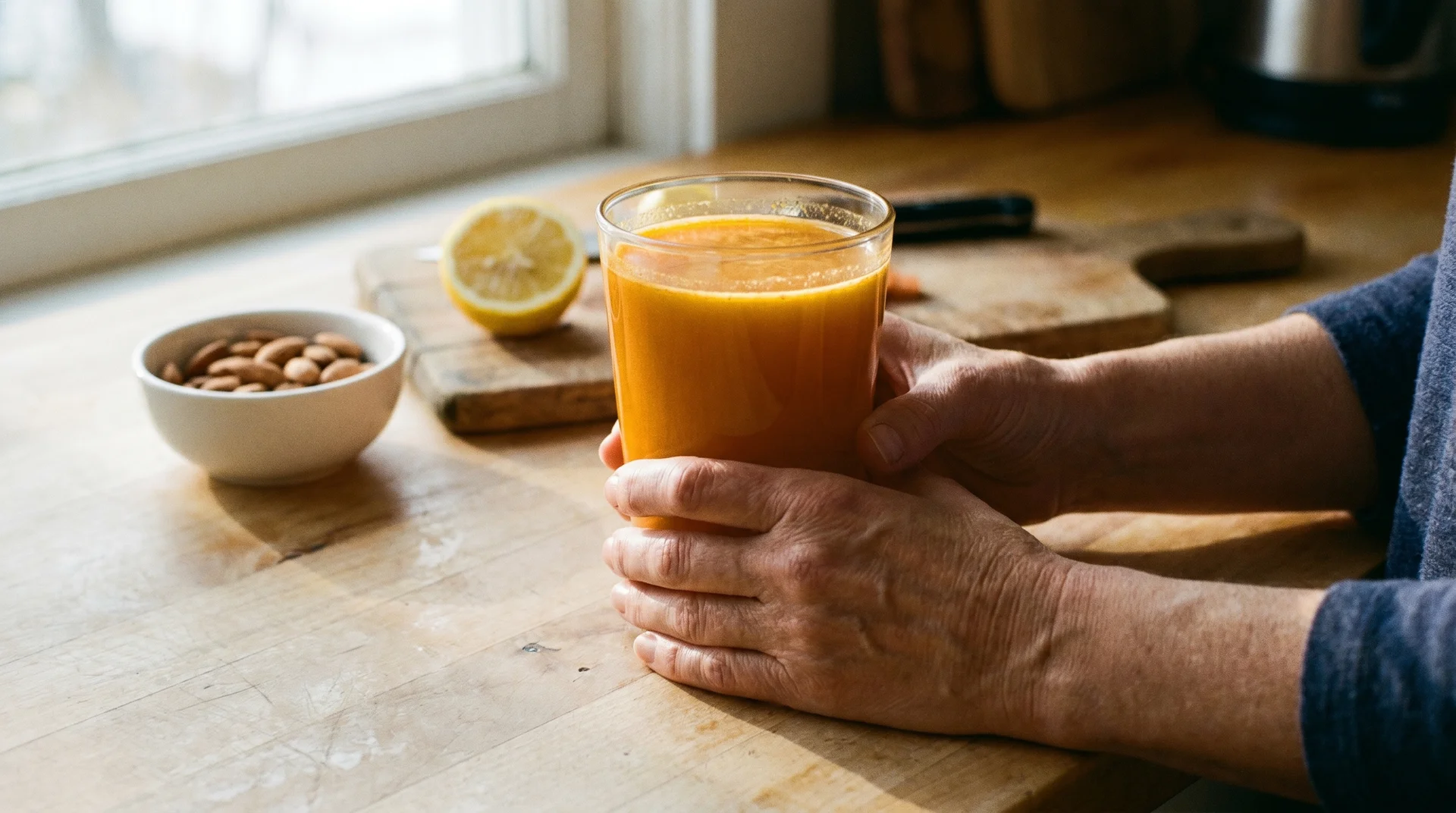 Hands holding glass of anti-inflammatory turmeric juice at kitchen counter beside small bowl of almonds for curcumin absorption
