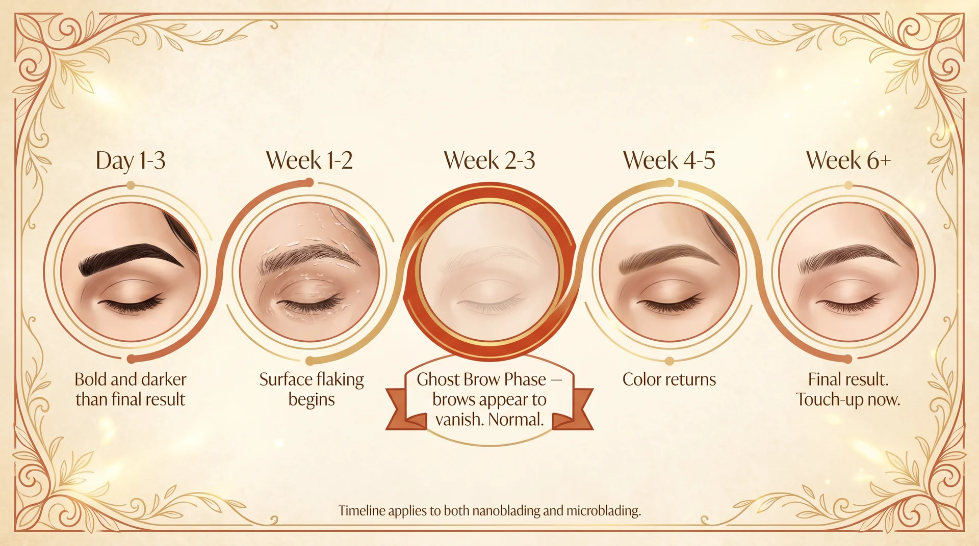 Healing timeline for nanoblading and microblading showing ghost brow phase at weeks 2 to 3 as a normal stage