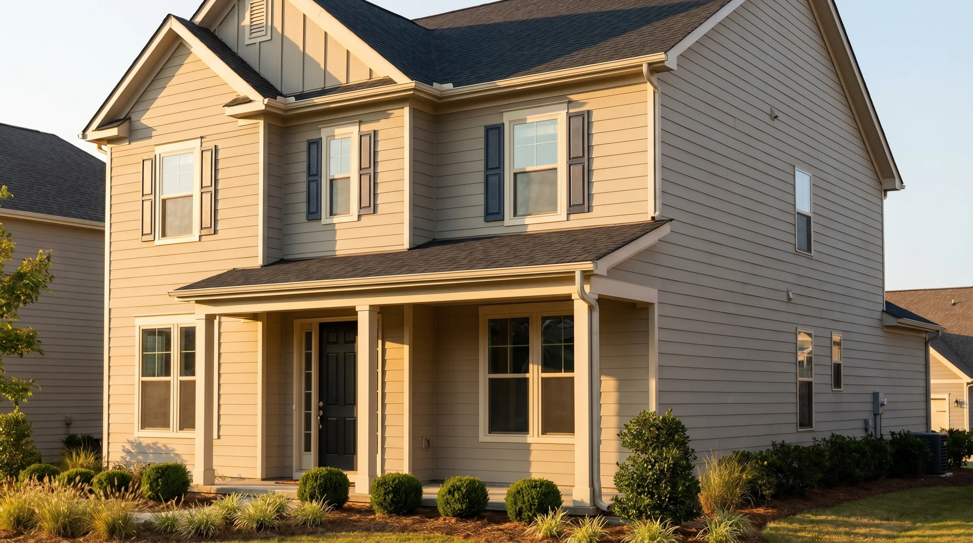 Home exterior painted Accessible Beige on fiber cement siding with Alabaster trim and soft black front door in afternoon sunlight