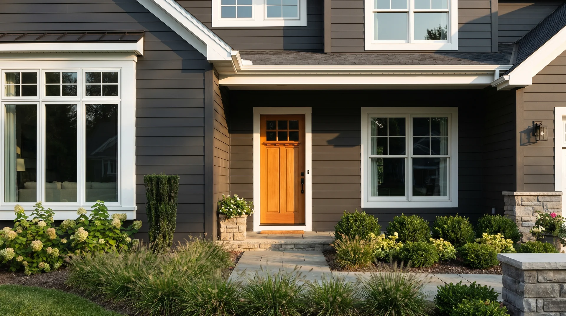 Home exterior painted Iron Ore SW 7069 on fiber cement siding with white trim and natural wood front door
