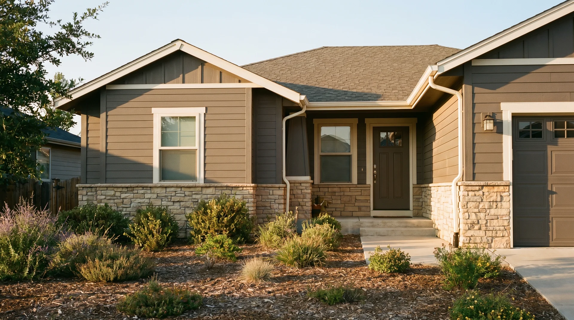 Home exterior painted Sherwin-Williams Mink SW 6004 on siding with warm stone accents and off-white trim in afternoon light 