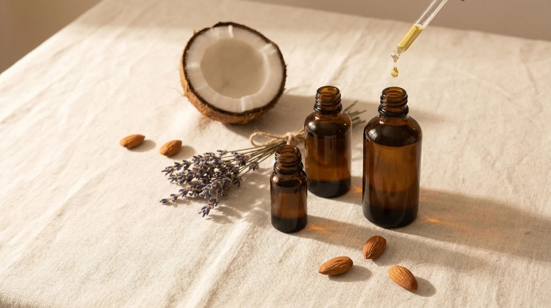 Homemade DIY tanning oil in dark glass bottles with natural ingredients on linen surface