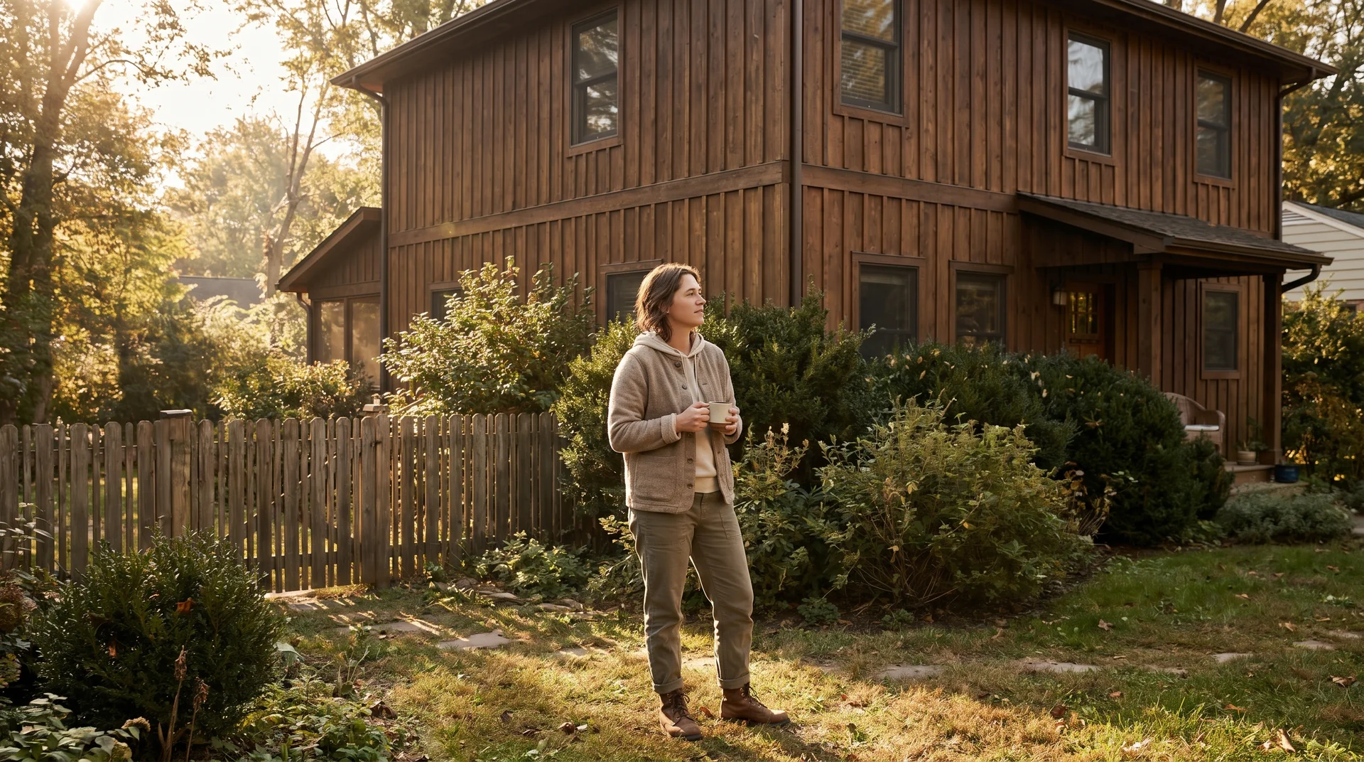 Homeowner evaluating cedar board and batten siding on a residential exterior in warm afternoon light
