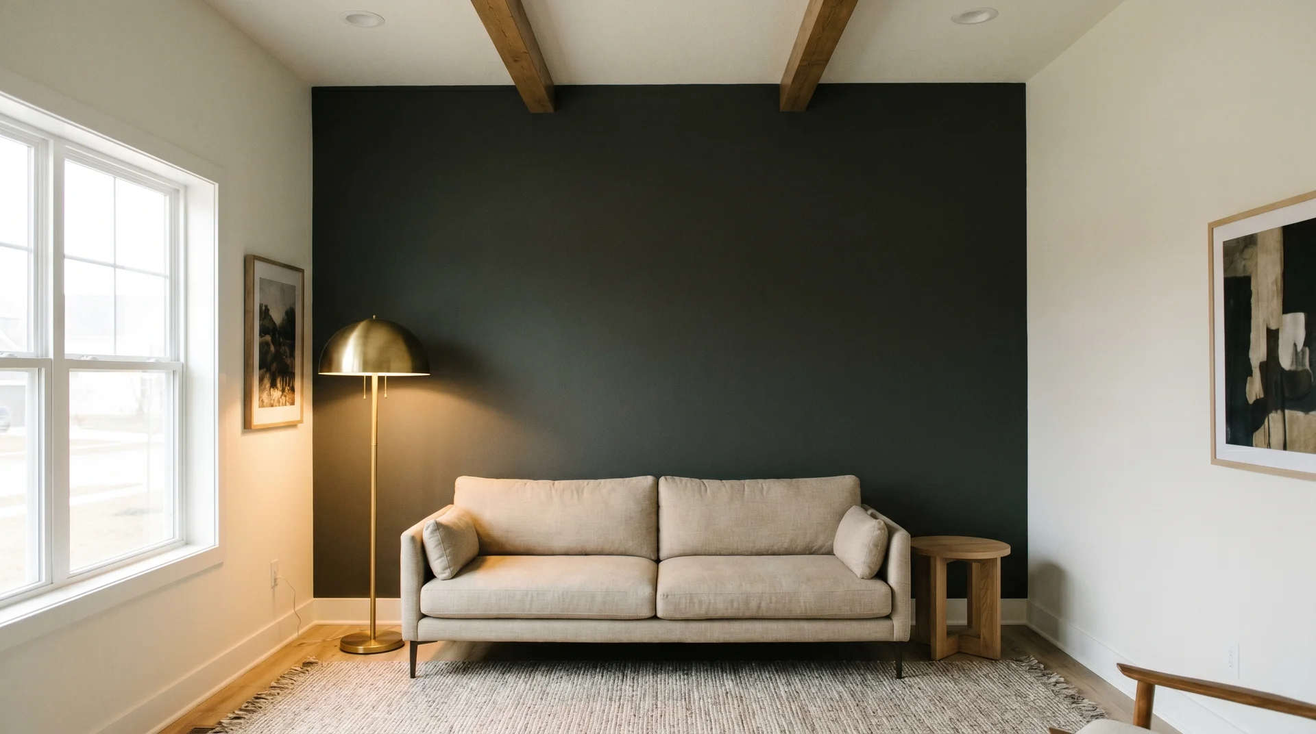 Iron Ore SW 7069 accent wall in a living room with linen sofa, brass lamp, and warm white surrounding walls
