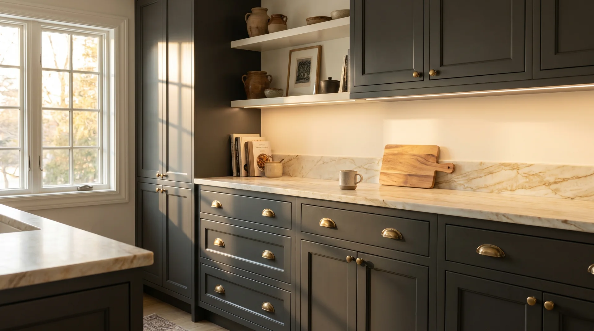 Iron Ore SW 7069 kitchen cabinets in shaker style with warm quartzite countertop and brass hardware