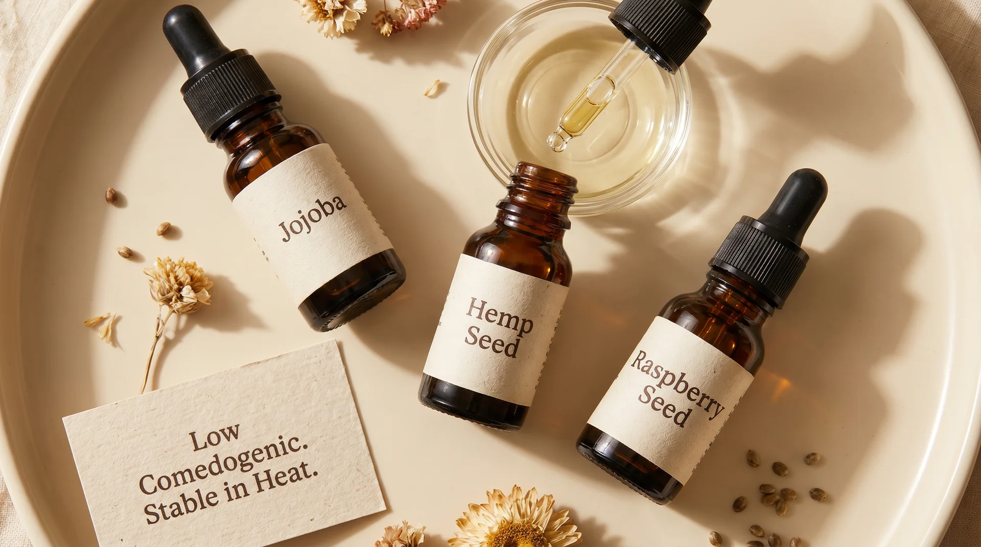 Jojoba, hemp seed, and raspberry seed oils — low-comedogenic carrier oils for acne-prone skin DIY tanning oil