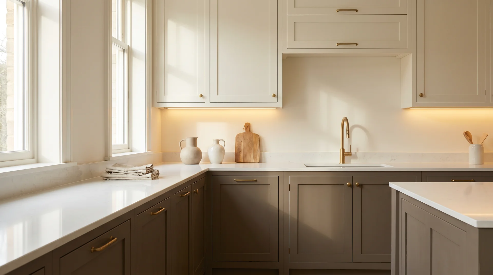 Kitchen with Mink SW 6004 lower cabinets, light quartz countertop, and brass hardware showing warm cabinet color contrast 