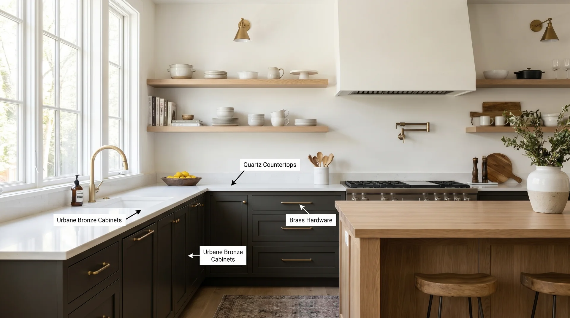 Kitchen with Urbane Bronze cabinets and brass hardware