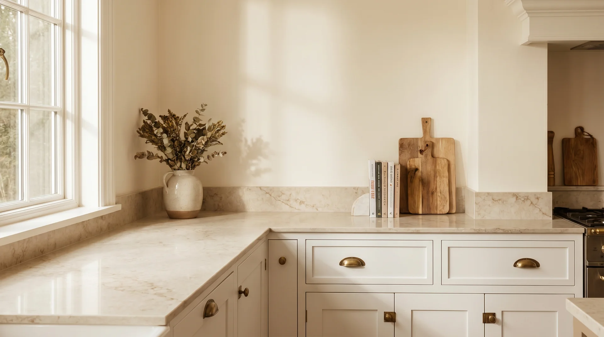 Kitchen with warm off white walls, white Shaker cabinets, and quartz countertop showing undertone harmony between all three surfaces