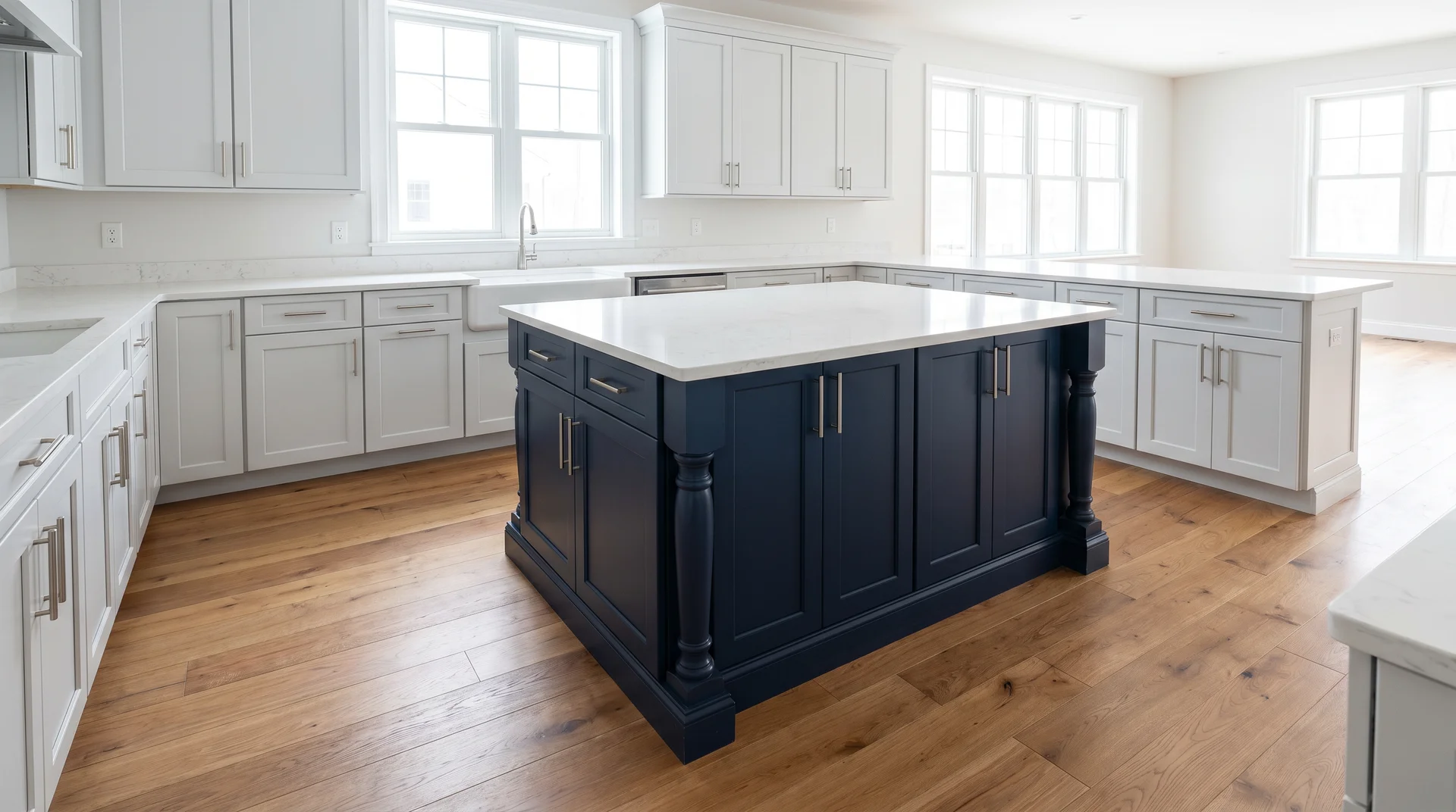 Kitchen with white perimeter cabinets and navy blue island showing two tone approach limited to the island 