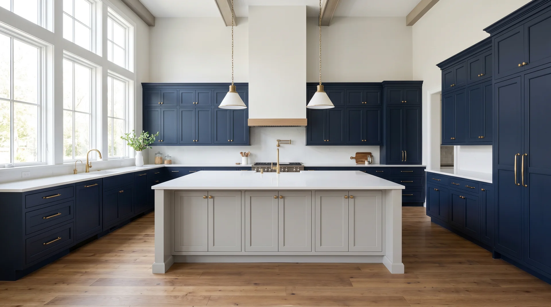 Large kitchen with navy blue perimeter cabinets on three walls and a contrasting gray island showing inverted two tone formula