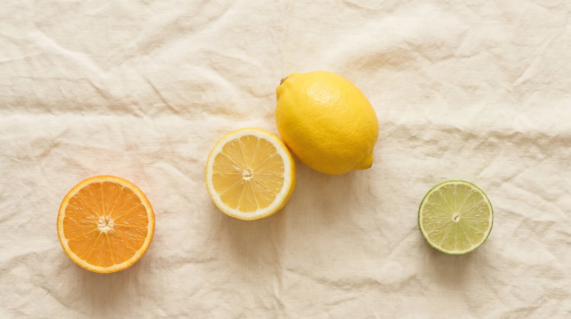 Lemon halved to show interior alongside orange and lime on cream linen — citrus ingredients for anti-inflammatory juice recipes