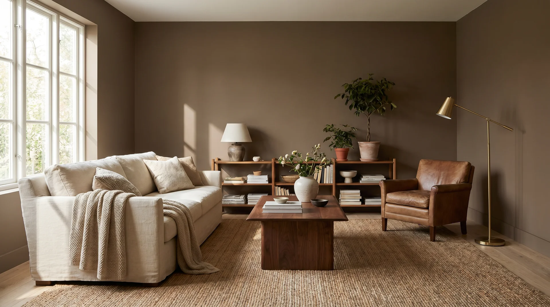 Living room painted Sherwin-Williams Mink SW 6004 with warm wood floors, linen sofa, and brass lamp in afternoon light 
