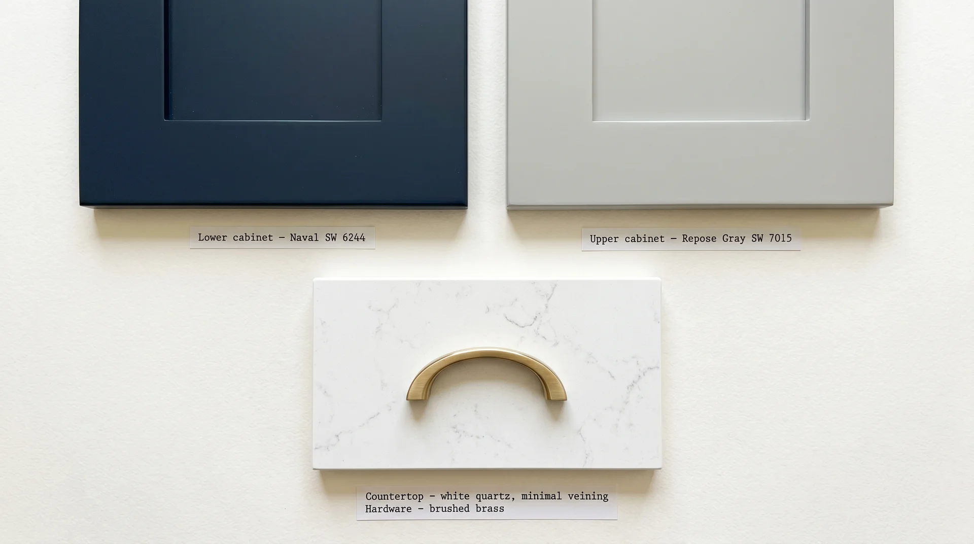 Material coordination board for two tone blue gray kitchen — navy lower cabinet, gray upper, white quartz countertop, brass hardware 